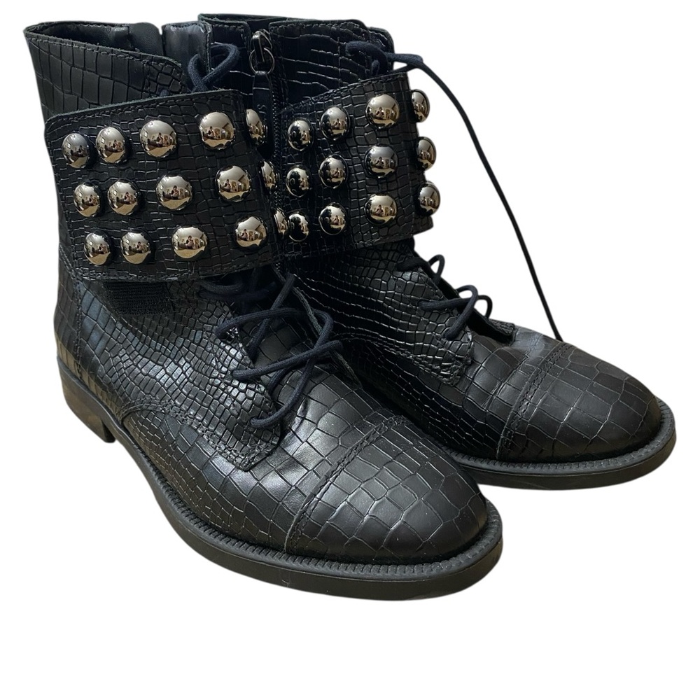 SCHUTZ Studded Crocodile Embossed Lace Up Bootie Black